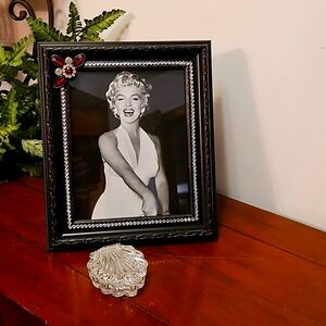 Beautiful Framed Marily Monroe Picture with Vintage Crystal Shell Trinket Holder